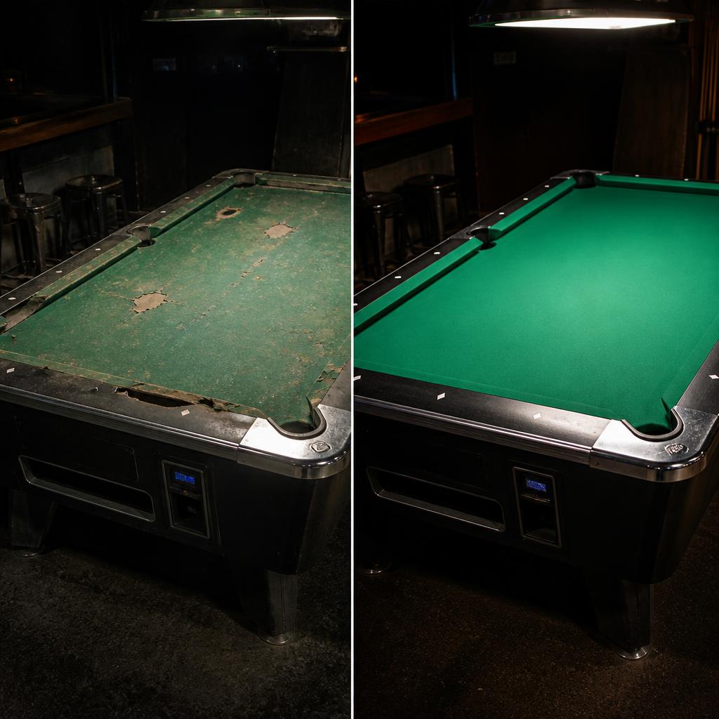 Pool table shown before and after a felt recovery