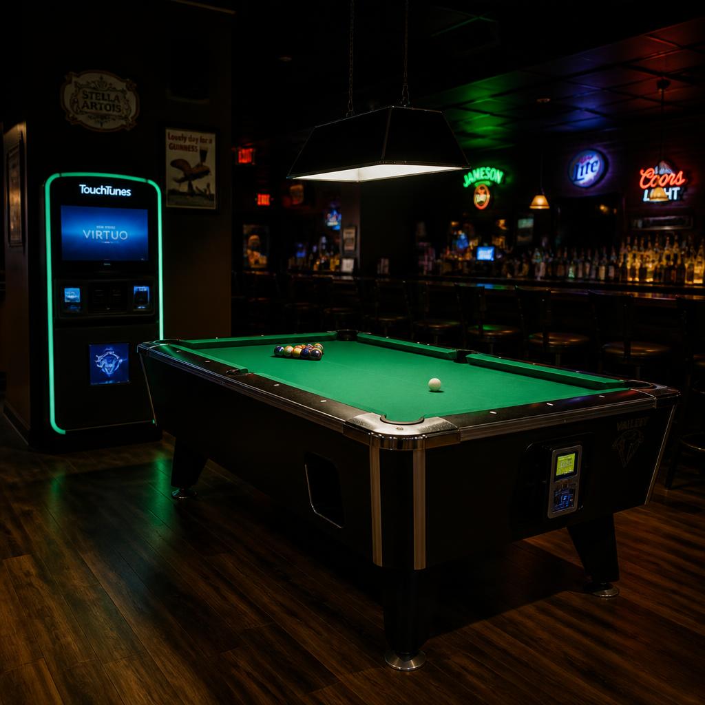 Bar interior with jukebox and pool table setup